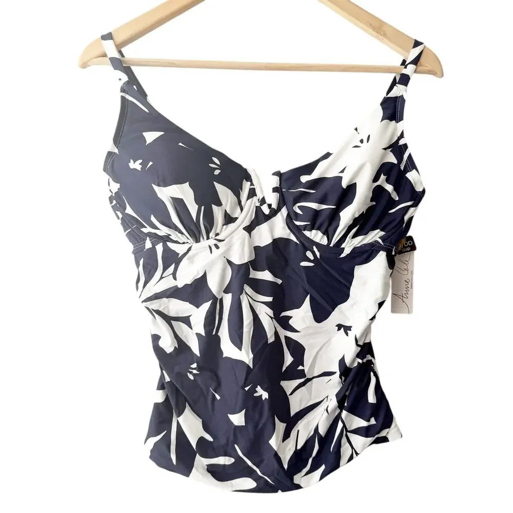 Anne Cole V-Wire Navy White Tropical Palm Print Tankini Swim Top 36DD/38D
